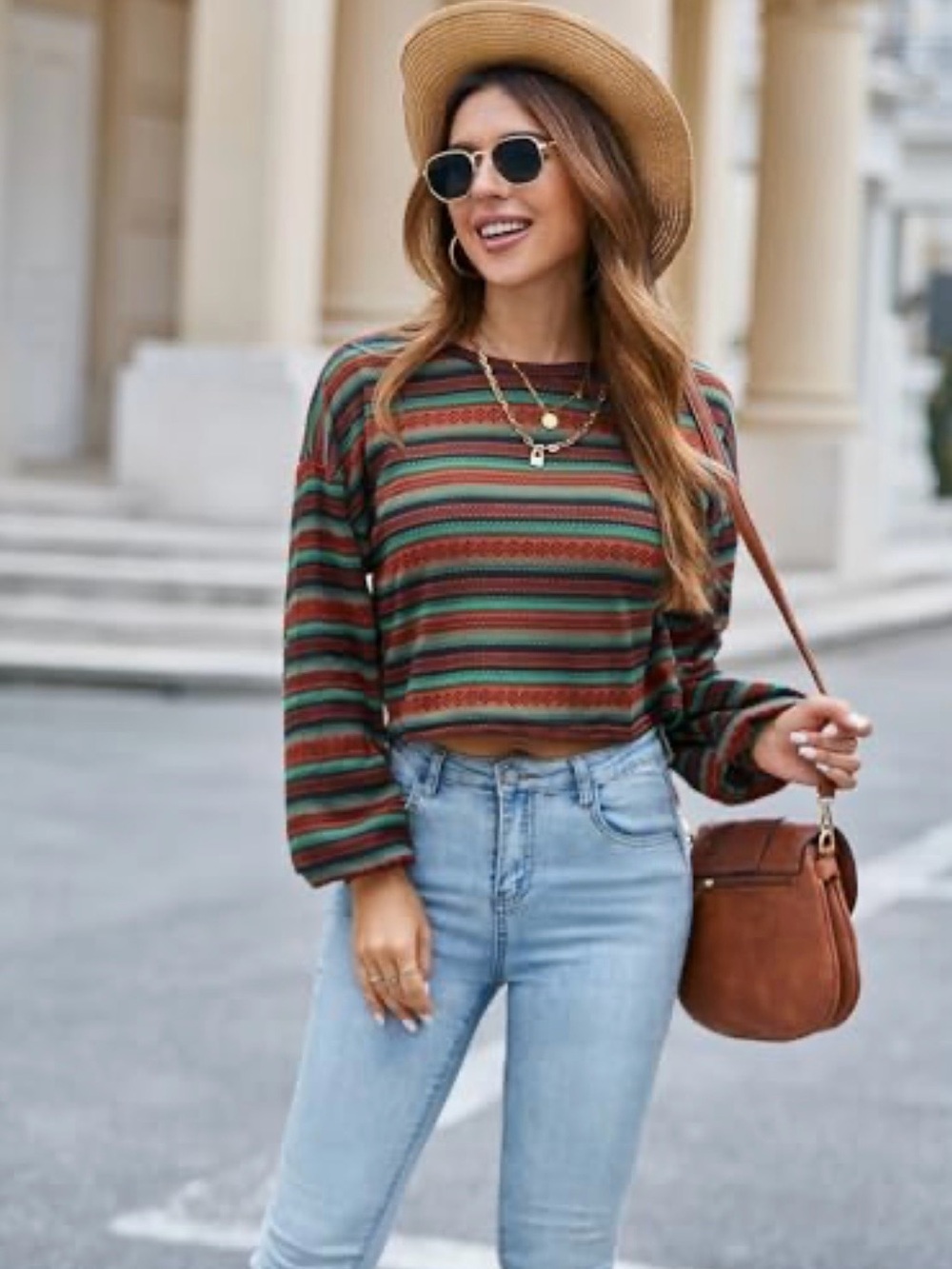 NWT ZAFUL Tribal Cropped Bohemian Long Sleeve Pullover Sweater Knitted Top Large